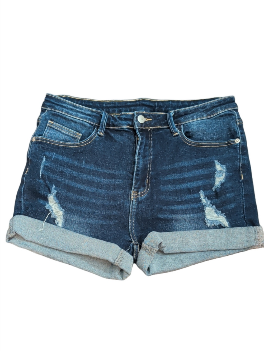 Dark Indigo Distressed Roll-Cuff Women’s Jean Shorts